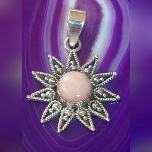 Pink opal sunburst sterling silver pendant